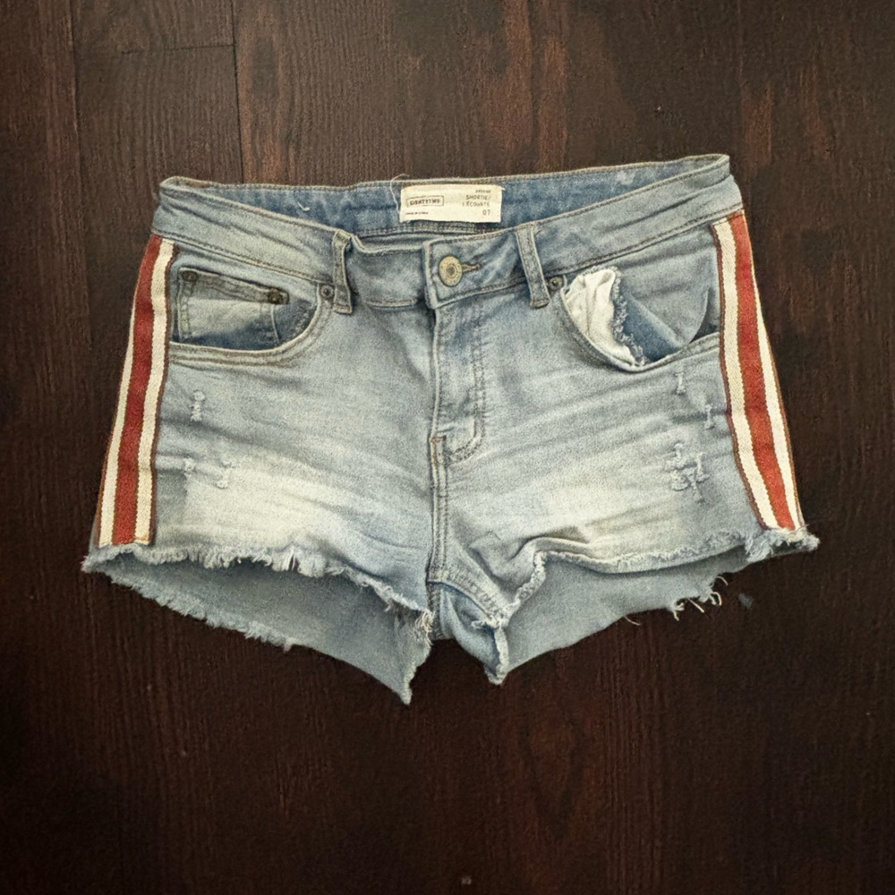 Denim Distressed Women Shorts with Red Stripes
